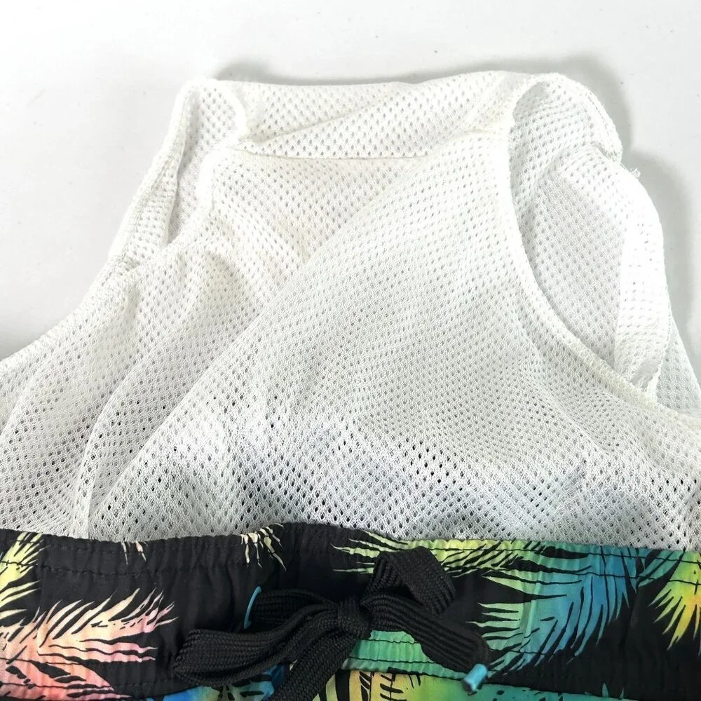 Surf Society Swim Trunks Shorts Mens Size L Black Neon Ombre Palm Floral Pockets